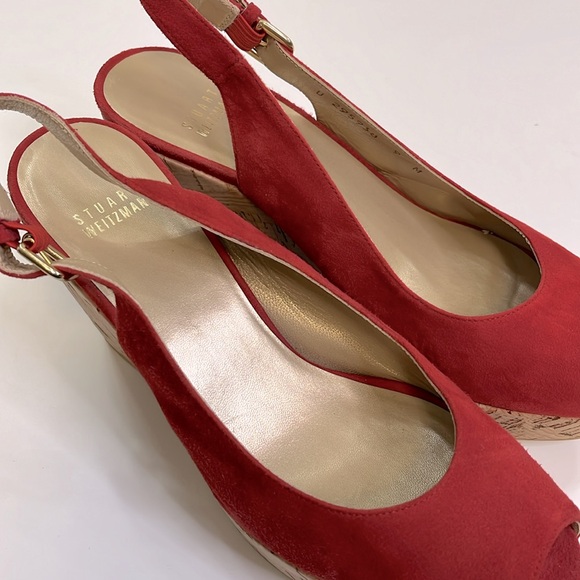 Stuart Weitzman Women’s Rinna Red Suede Slingback Cork Wedge Heels, Size 9M - Picture 4 of 10